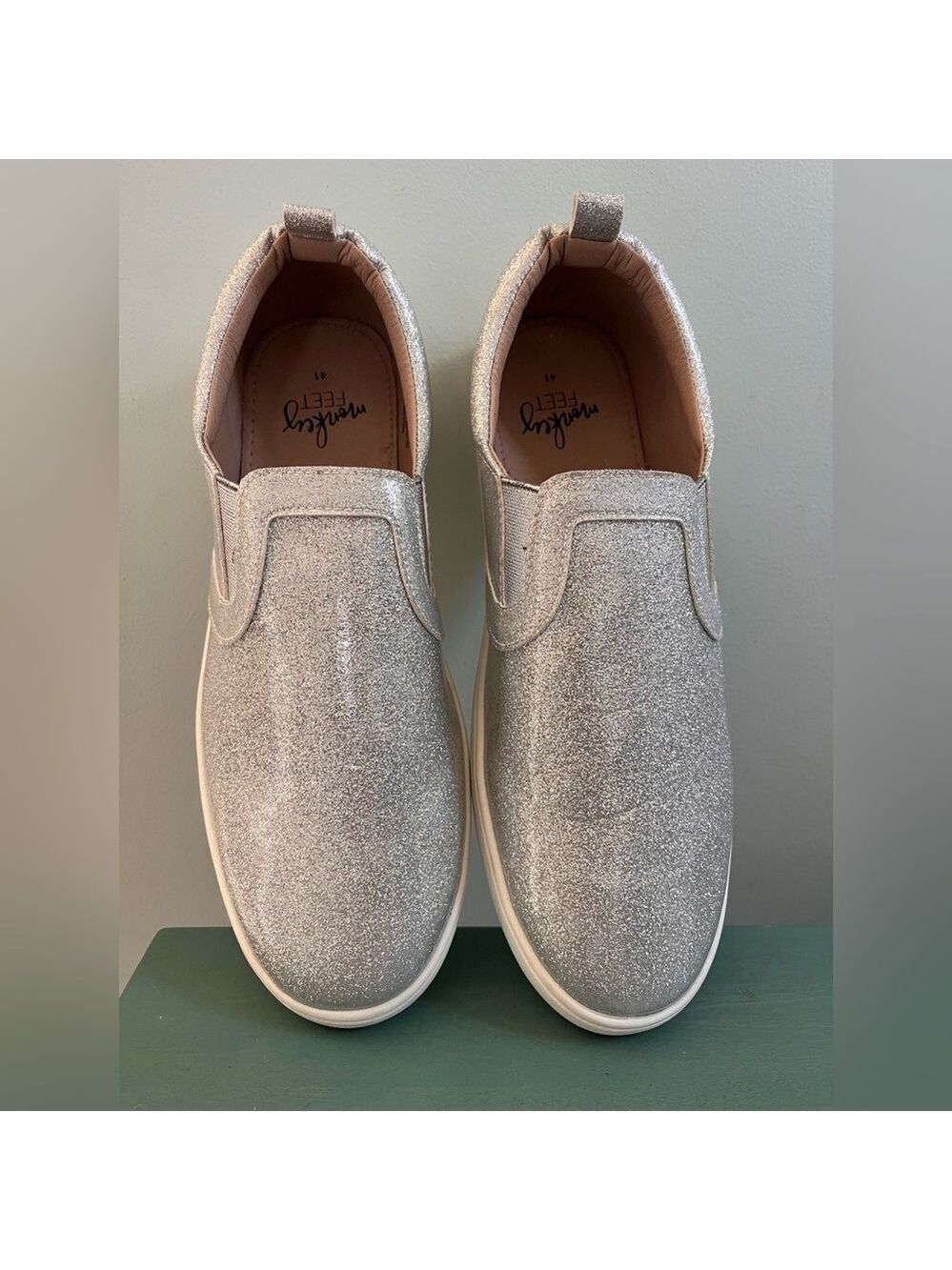 Monkey Feet womenโs 41 (US 9.5-10). Silver Glitter Slip-On Sneaker loafers
